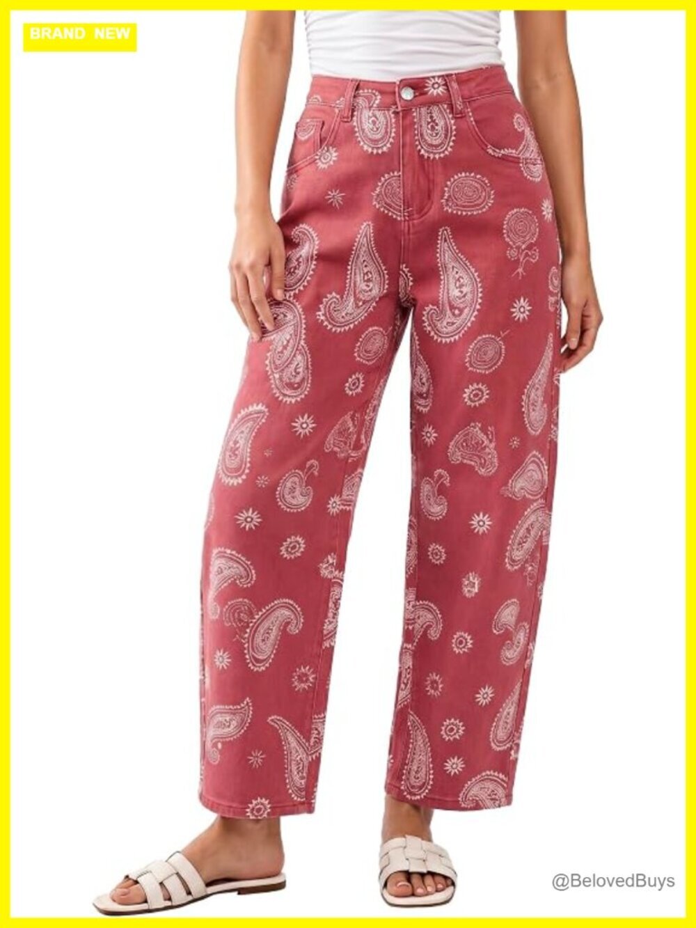 Cropped High Waisted Baggy Barrel Jeans Stretchy Floral Print